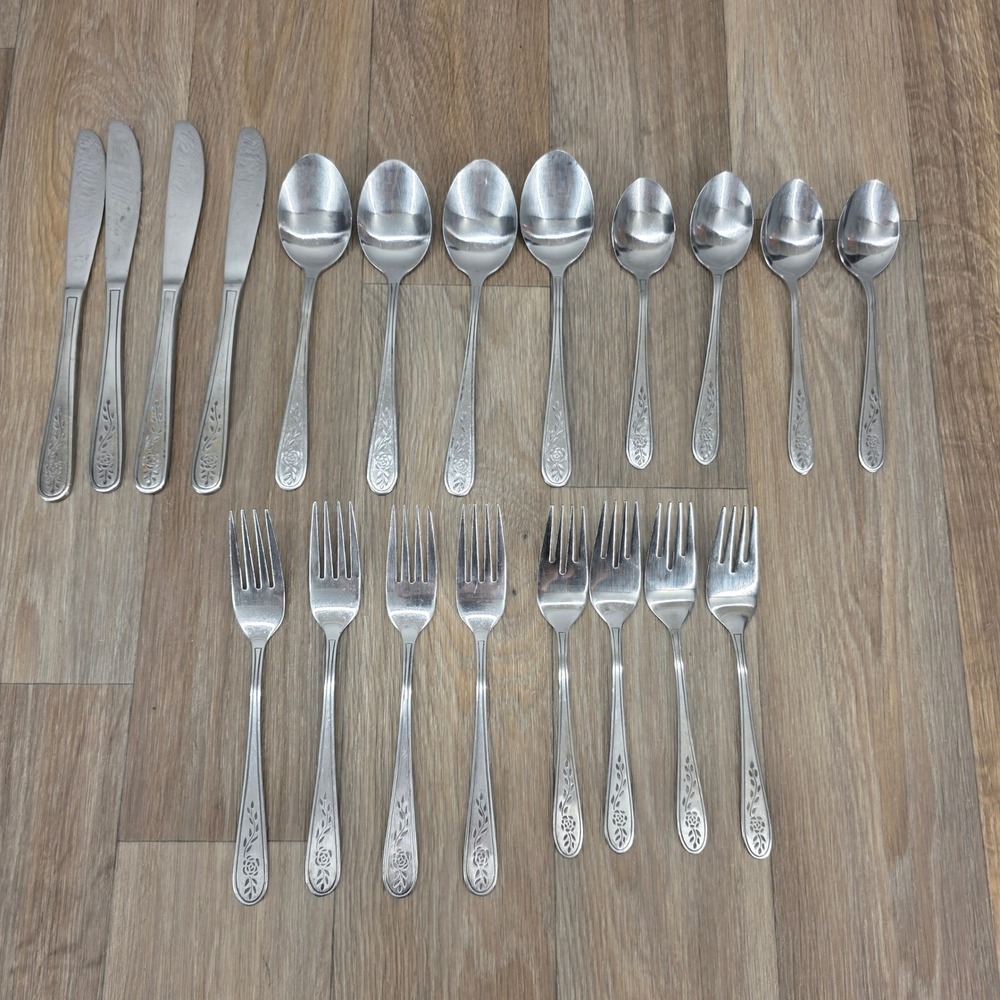 Vintage Rogers Floral Mist 20pc Stainless Flatware Set Service for 4 Rose